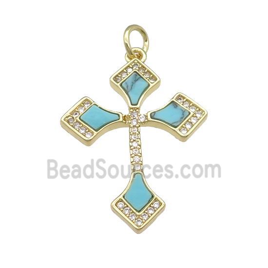 copper Cross pendant pave turquoise, gold plated