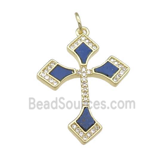 copper Cross pendant pave Lapis, gold plated