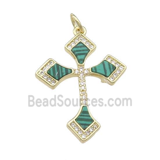 copper Cross pendant pave Malachite, gold plated