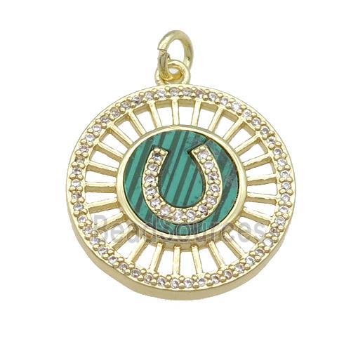 copper circle pendant pave Malachite, gold plated