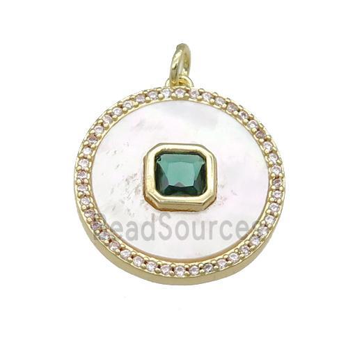 copper circle pendant pave shell, green zircon, gold plated