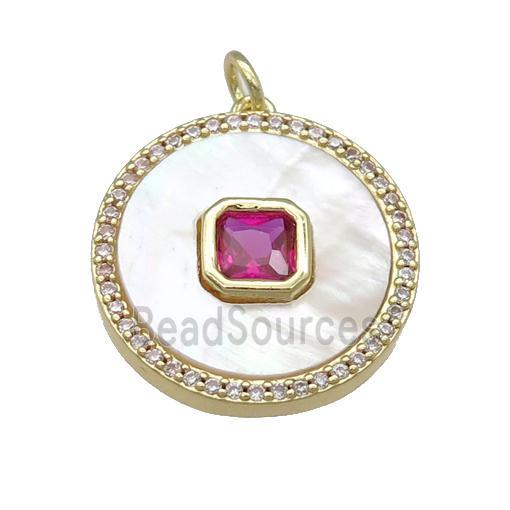 copper circle pendant pave shell, hotpink zircon, gold plated