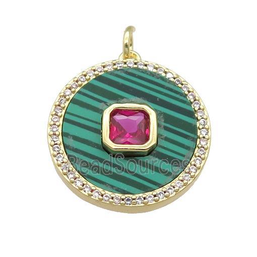 copper circle pendant pave Malachite, hotpink zircon, gold plated