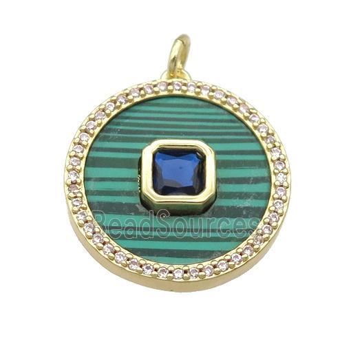 copper circle pendant pave Malachite, blue zircon, gold plated