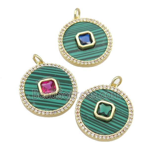 copper circle pendant pave Malachite, zircon, gold plated, mixed