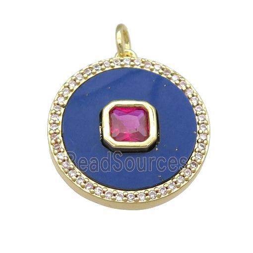 copper circle pendant pave Lapis, hotpink zircon, gold plated