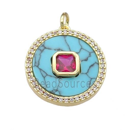 copper circle pendant pave Turquoise, hotpink zircon, gold plated