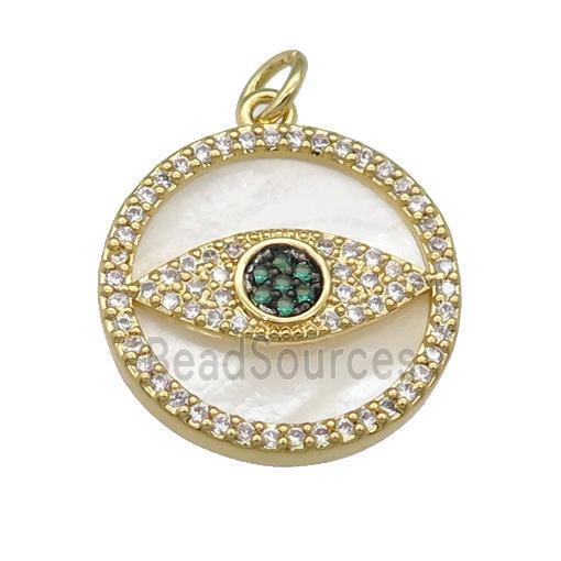 copper circle Eye pendant paved zircon, shell, gold plated