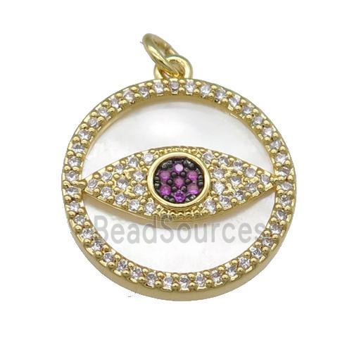 copper circle Eye pendant paved zircon, shell, gold plated