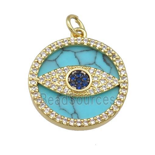 copper circle Eye pendant paved Turquoise, zircon, gold plated