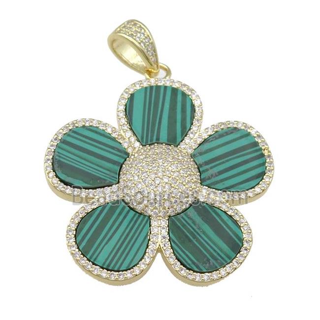 copper Flower pendant paved Malachite, zircon, gold plated