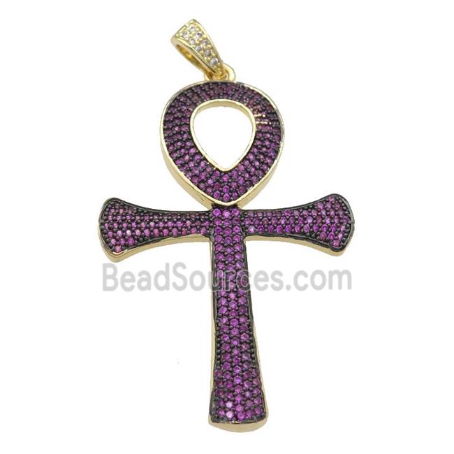 Copper Ankh Cross Pendant Pave Fuchsia Zircon Gold Plated