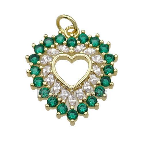 copper heart pendant paved green zircon, gold plated