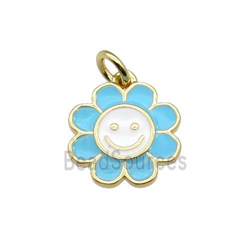 copper sunflower pendant with aqua enamel, happyface, gold plated