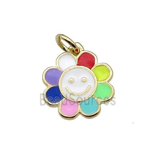 copper sunflower pendant with multicolor enamel, happyface, gold plated