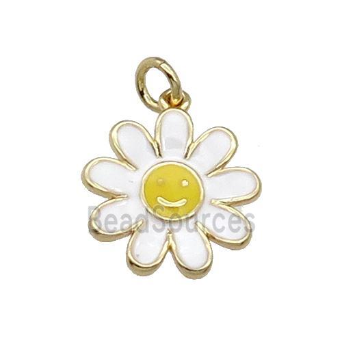 copper daisy flower pendant with white enamel, happyface, gold plated