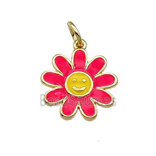 copper daisy flower pendant with red enamel, happyface, gold plated