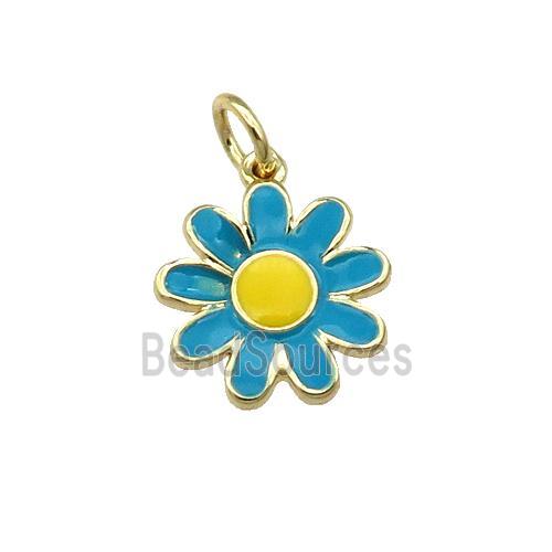 copper daisy flower pendant with teal enamel, gold plated