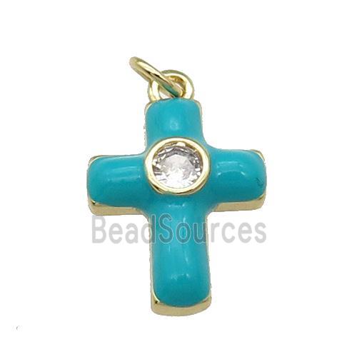 copper Cross pendant pave zircon with teal enamel, gold plated