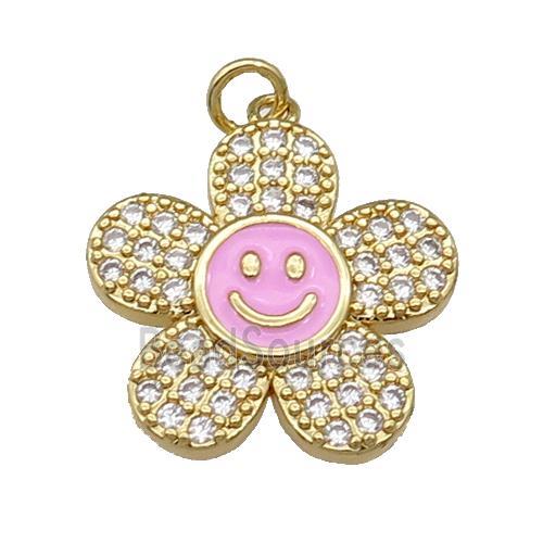 copper sunflower pendant pave zircon with pink enamel happyface, gold plated