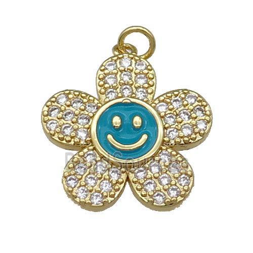 copper sunflower pendant pave zircon with teal enamel happyface, gold plated