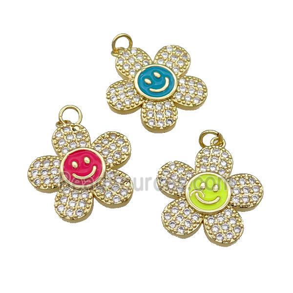 copper sunflower pendant pave zircon with enamel happyface, gold plated, mixed