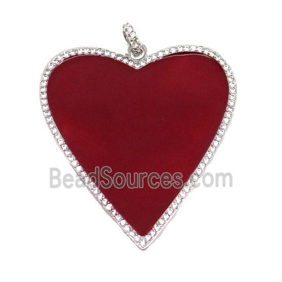 copper Heart pendant pave zircon with red enamel, platinum plated