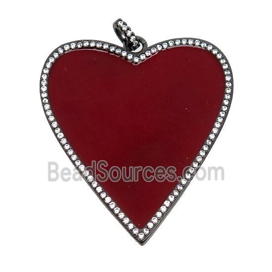 copper Heart pendant pave zircon with red enamel, black plated