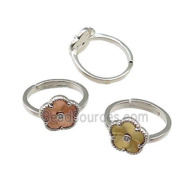 copper Flower Ring, adjustable, platinum plated, mixed