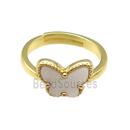 copper Butterfly Ring pave white shell, adjustable, gold plated