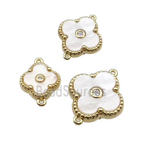 copper Clover connector pave white shell, gold plated