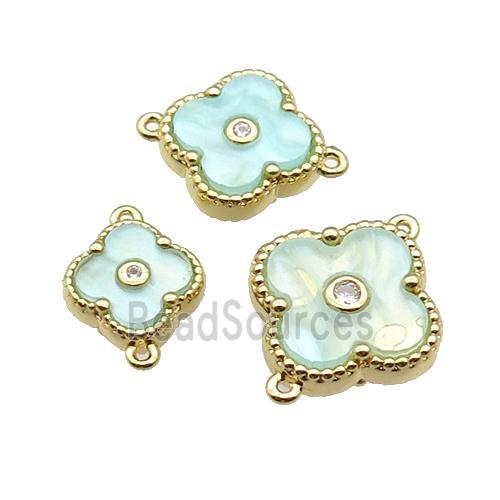 copper Clover connector pave green shell, gold plated