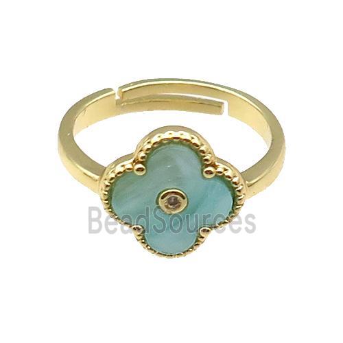 copper Clover Ring pave green shell, gold plated