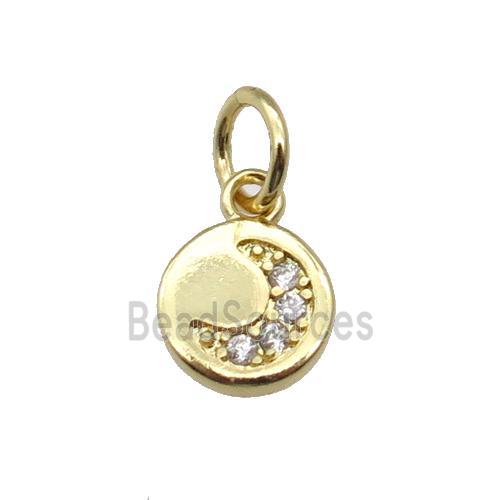 copper circle moon pendant paved zircon, gold plated