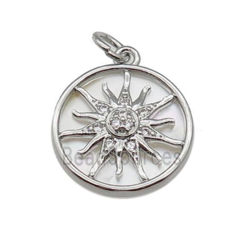 copper circle sunflower pendant pave zircon, shell, platinum plated