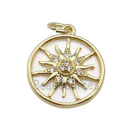 copper circle sunflower pendant pave zircon, shell, gold plated