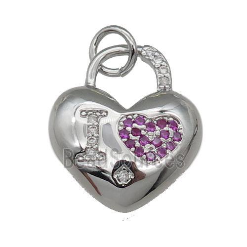 copper Heart pendant pave zircon, I-LOVE, platinum plated