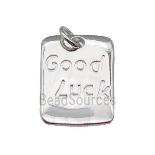 copper rectangle pendant, Good Luck, platinum plated