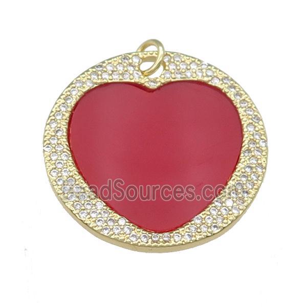 copper circle Heart pendant pave red agate, zircon, gold plated