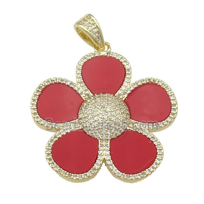 copper Flower pendant pave red agate, zircon, gold plated