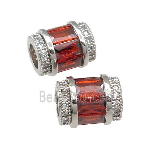 copper tube beads pave red zircon, platinum plated