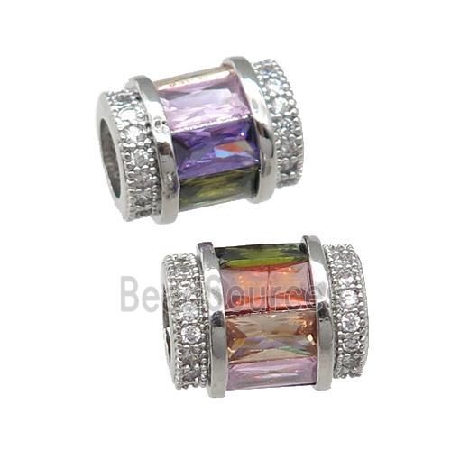 copper tube beads pave zircon, multicolor, platinum plated, large hole