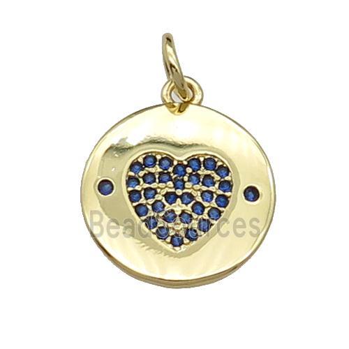 copper circle Heart pendant paved blue zircon, gold plated