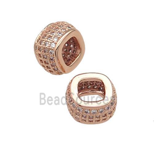 copper rondelle beads pave zircon, large hole, rose gold