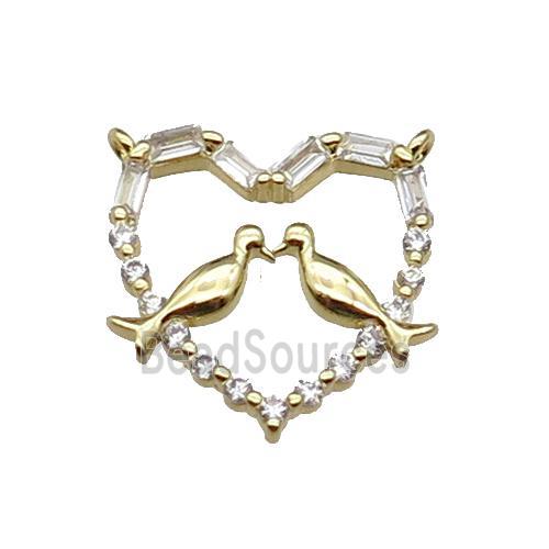 copper Heart pendant pave zircon, couple birds, gold plated