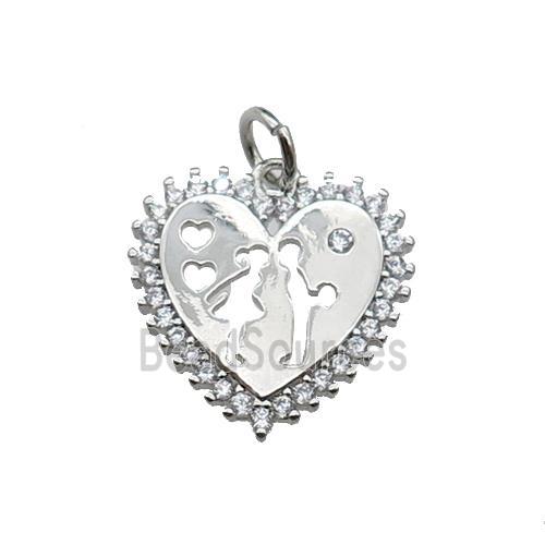 copper Heart pendant pave zircon, couple, platinum plated