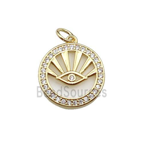 copper circle eye pendant pave zircon, shell, gold plated