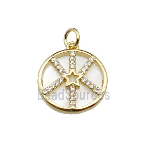 copper circle star pendant pave zircon, shell, gold plated