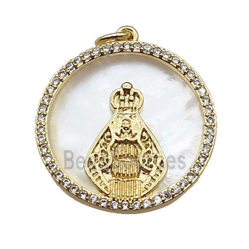 copper circle pendant pave shell zircon, gold plated