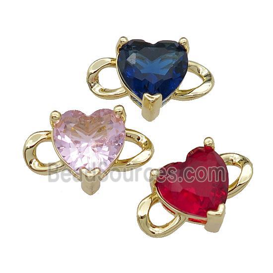 copper Heart connector pave zircon, mixed, gold plated